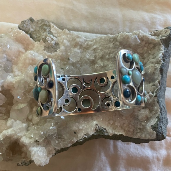 Vintage Sterling Silver Chunky Cuff Moon Cut Outs Various Stones - Picture 6 of 9